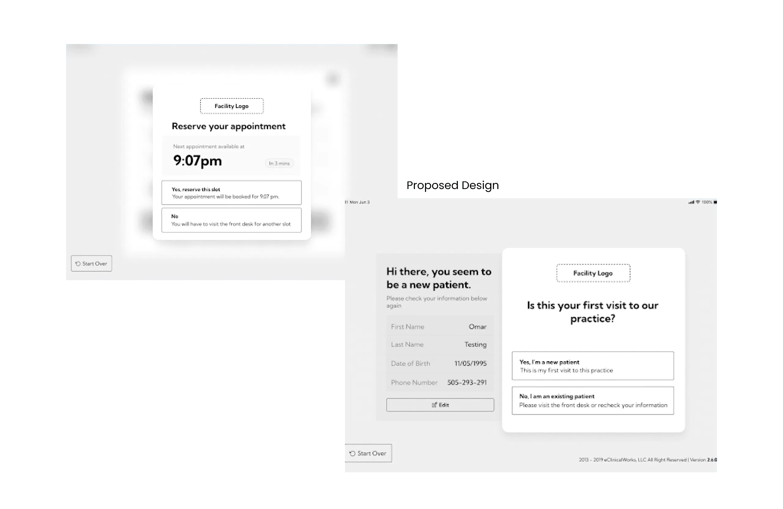 Proposed screens: 'Reserve your appointment' offering the next slot at 9:07pm, and 'Hi there, you seem to be a new patient', showing the details entered alongside 'Is this your first visit to our practice?'
