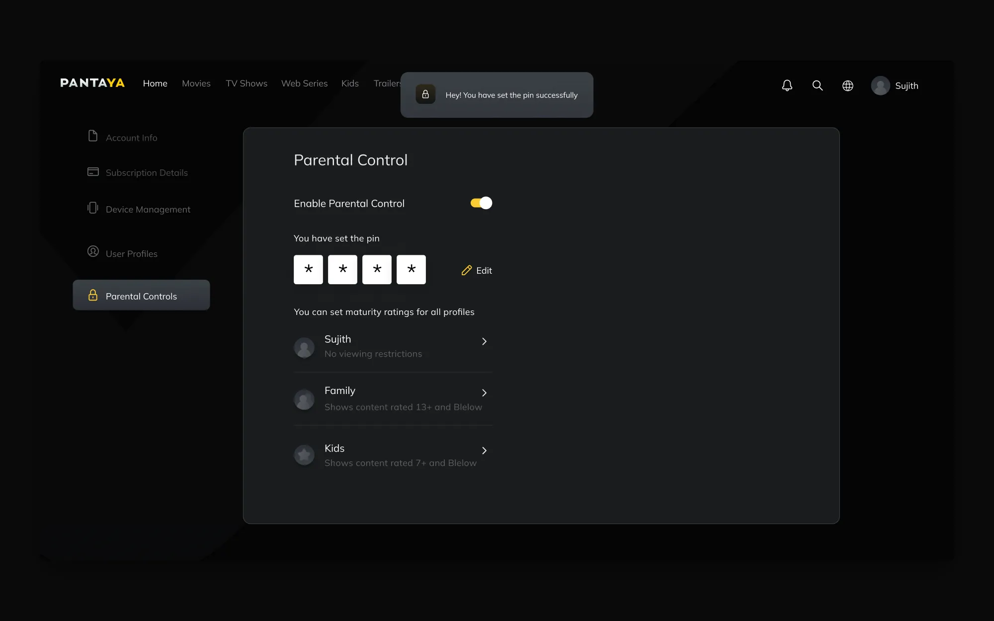 Pantaya on the web: Parental Control inside account settings, with the pin set, a confirmation toast, and maturity ratings for three profiles.