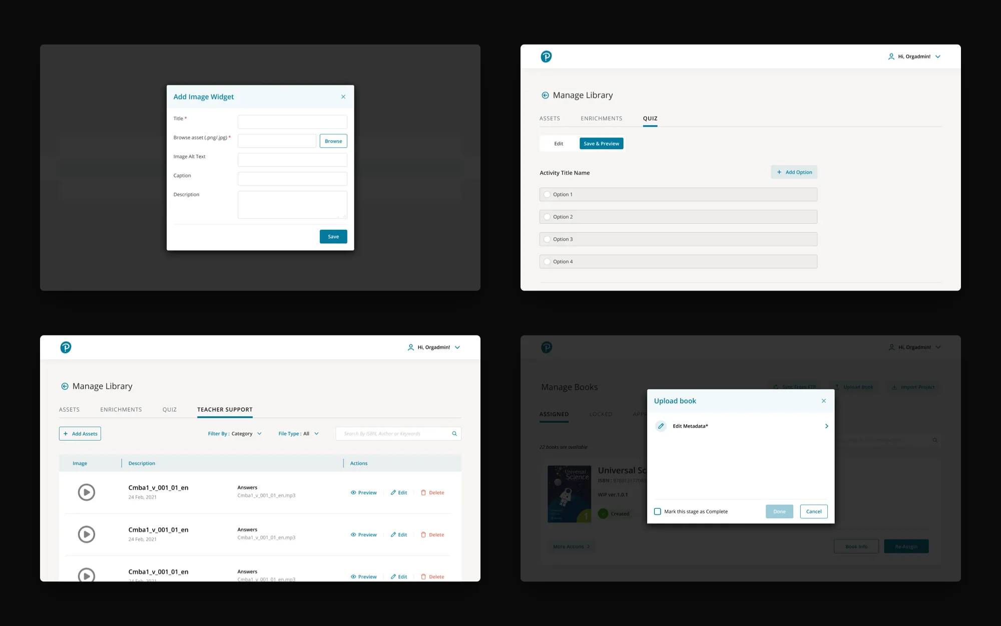 Four Quick Author screens from the Enrich stage: the Add Image Widget form, a multiple-choice quiz being built with four options, the Teacher Support list of answer files, and the Upload book dialog with Edit Metadata.