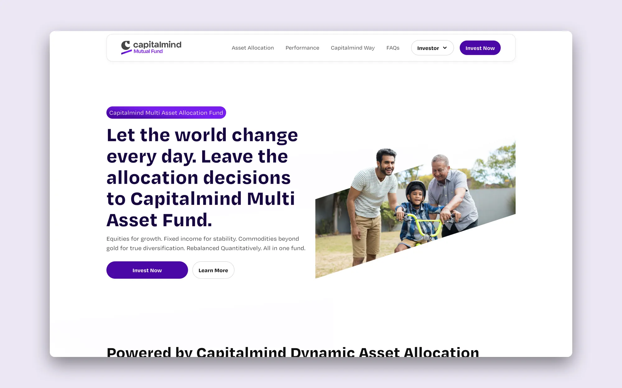 The Capitalmind Multi Asset Allocation Fund landing page hero on the web: 'Let the world change every day. Leave the allocation decisions to Capitalmind Multi Asset Fund.' beside a photo of a grandfather and father teaching a child to ride a bicycle.