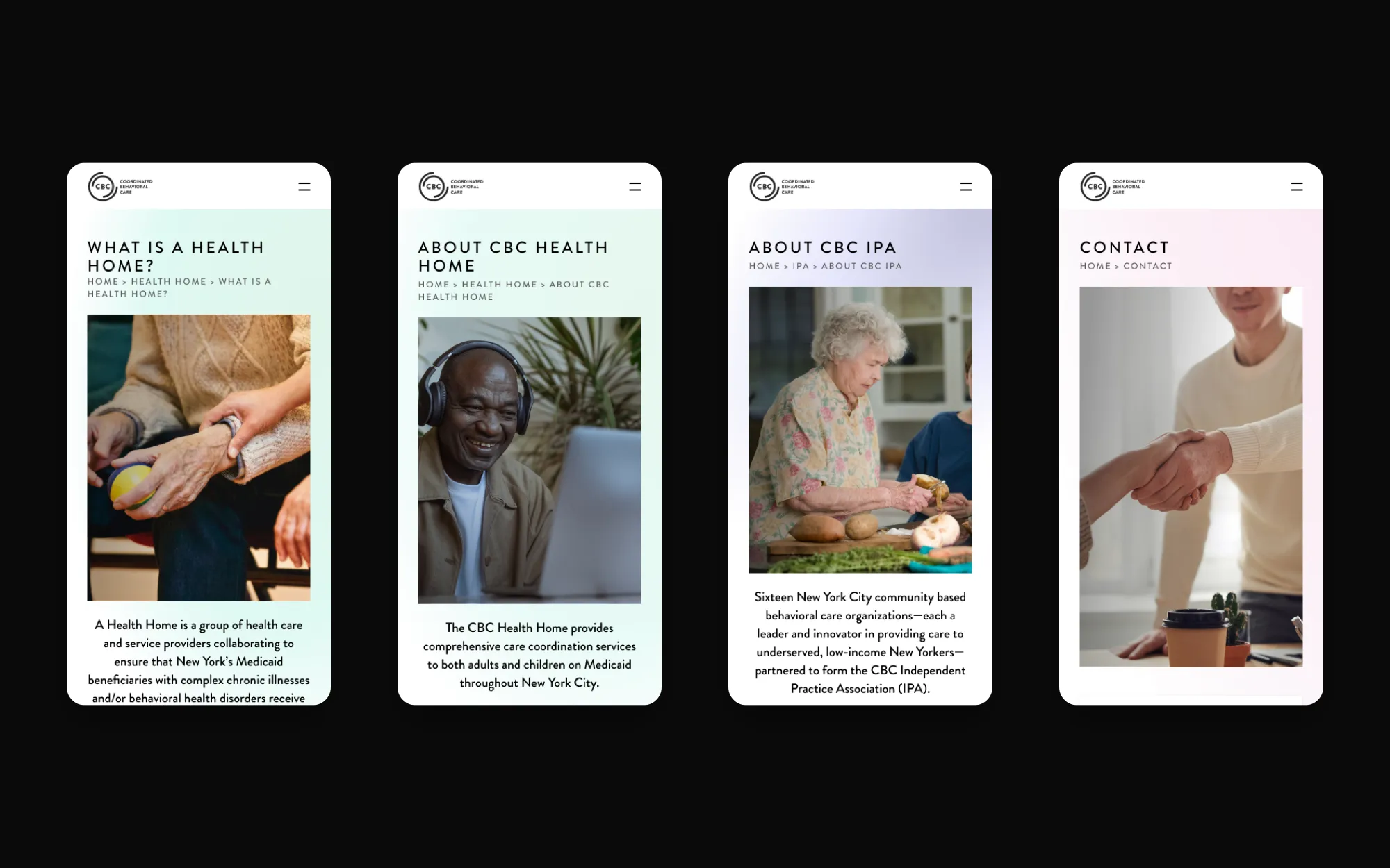 Four CBC pages on a phone: What is a Health Home?, About CBC Health Home, About CBC IPA and Contact, each with a large photo under the page title.