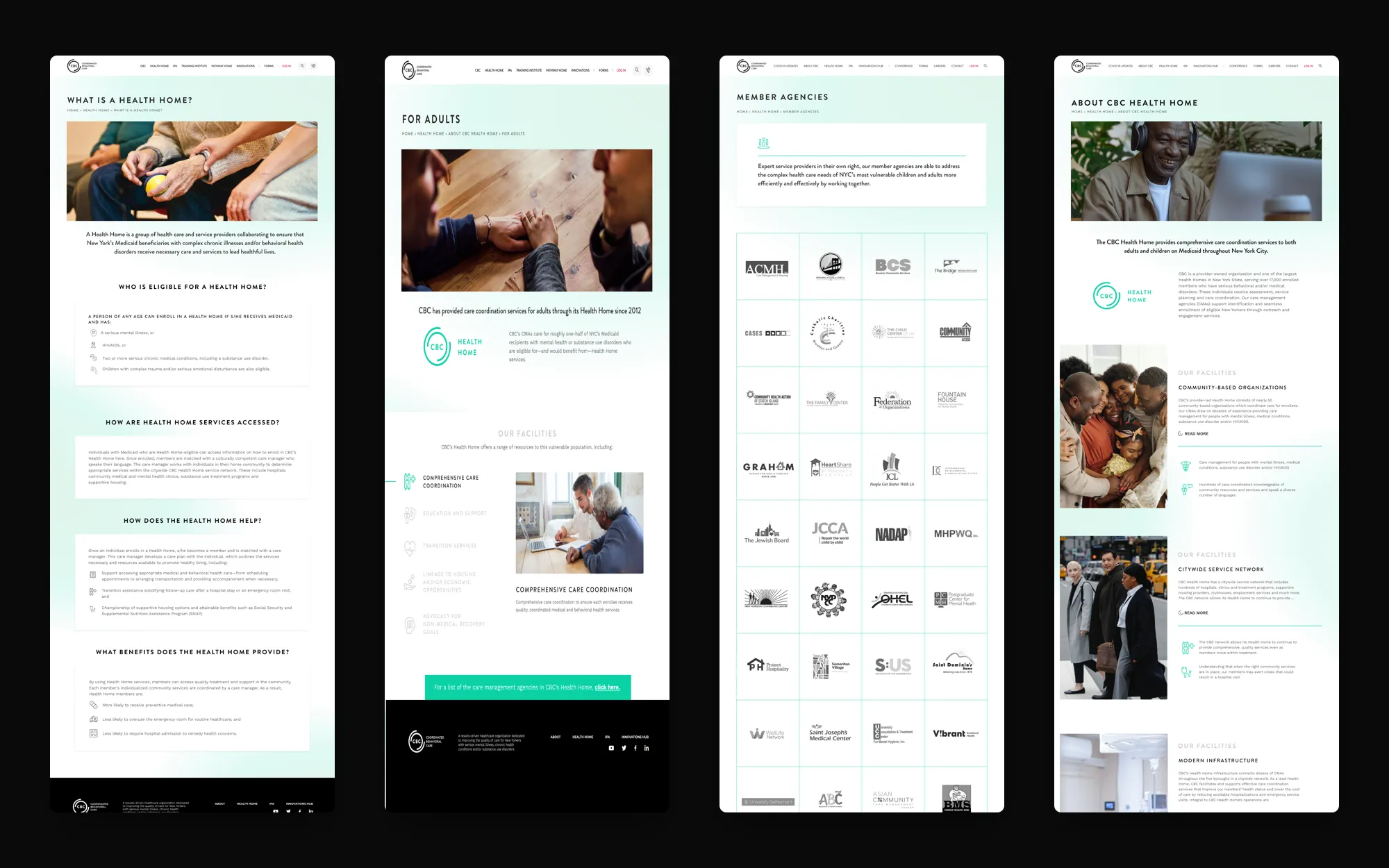 Four CBC web pages side by side, one from each template family: What is a Health Home?, Health Home for Adults, Member Agencies with a grid of partner logos, and About CBC Health Home.