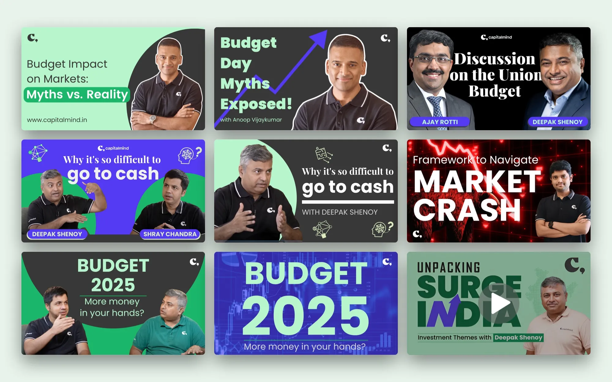 Nine YouTube thumbnails in a grid: Budget myths, Union Budget discussions, going to cash, a market-crash framework, Budget 2025 and Surge India.