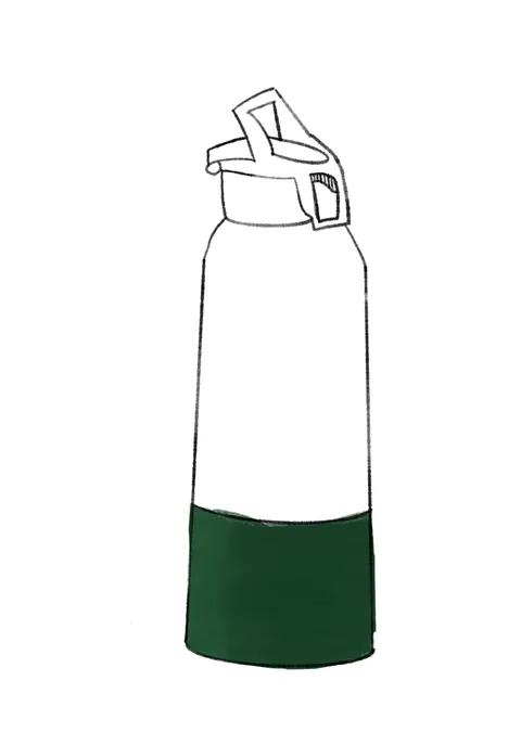 A pencil drawing of a flip-top water bottle with a dark green base.