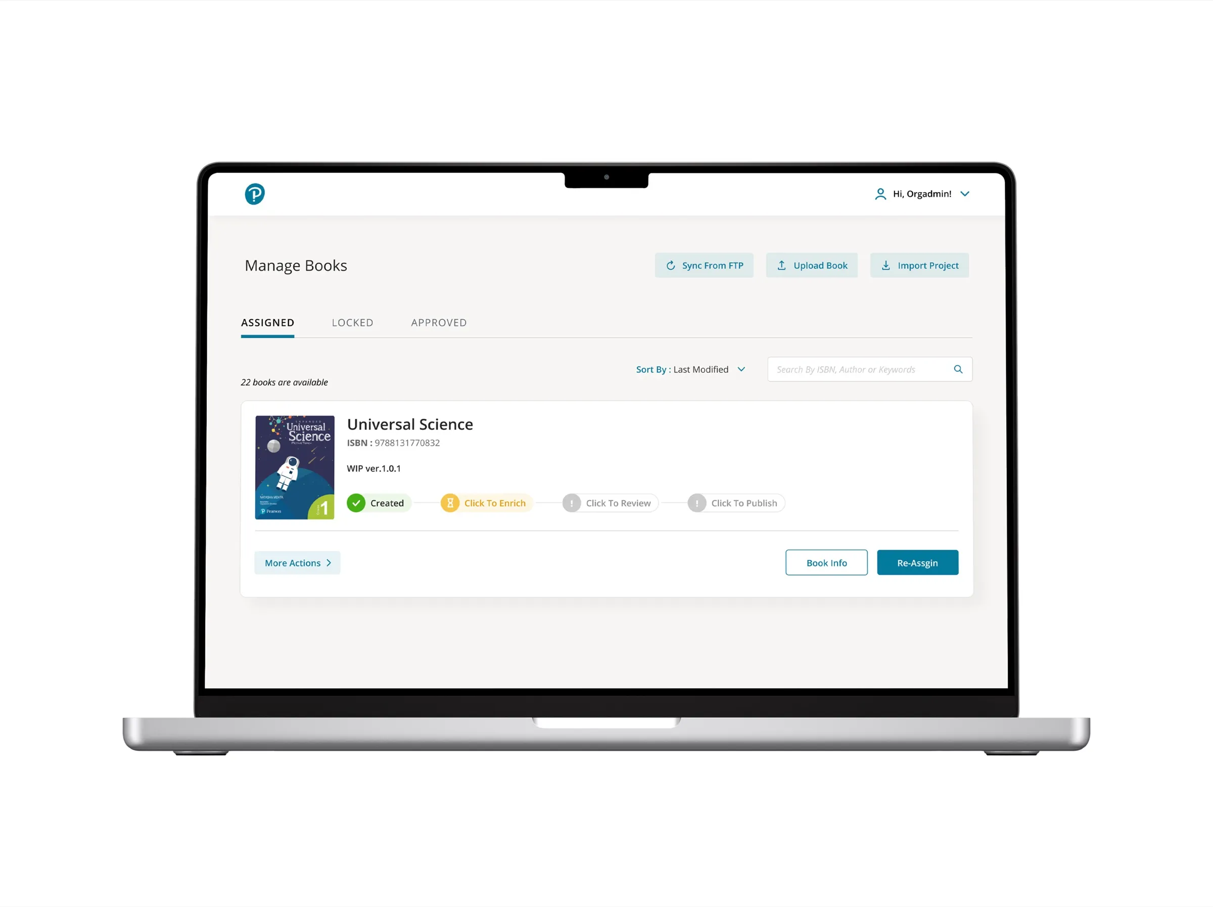 Pearson Quick Author on a laptop: the Manage Books screen with a title moving through created, edit, review and publish.