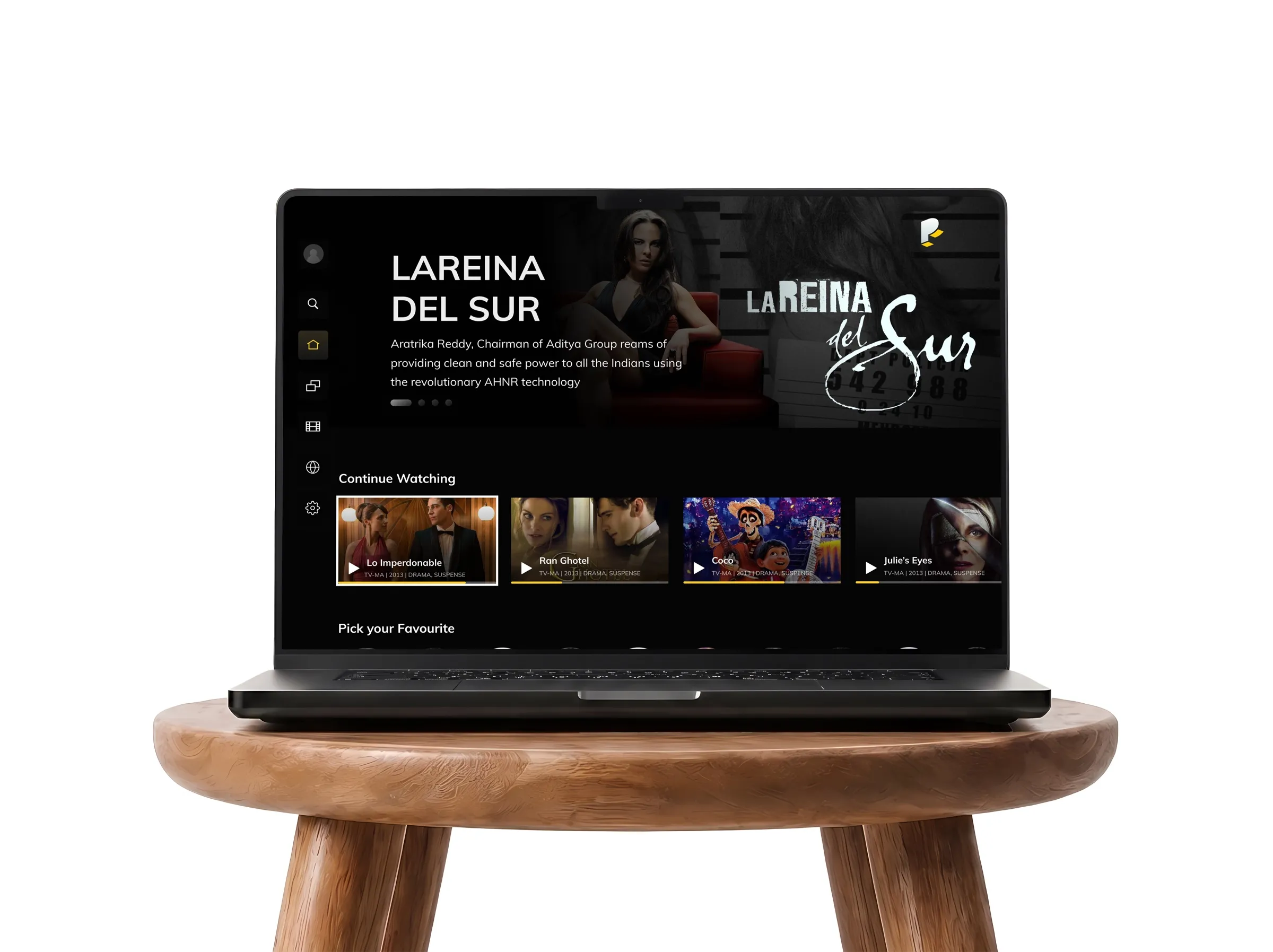 Pantaya's TV home on a laptop on a wooden stool: La Reina del Sur in the hero, with Continue Watching below.