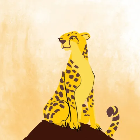 A digital painting of a yellow cheetah with dark spots, sitting tall on a brown rock against a warm cream sky.