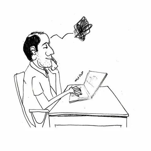 A pen drawing of a man at a desk on the phone, typing on a laptop, click click, a scribble of a thought above him.