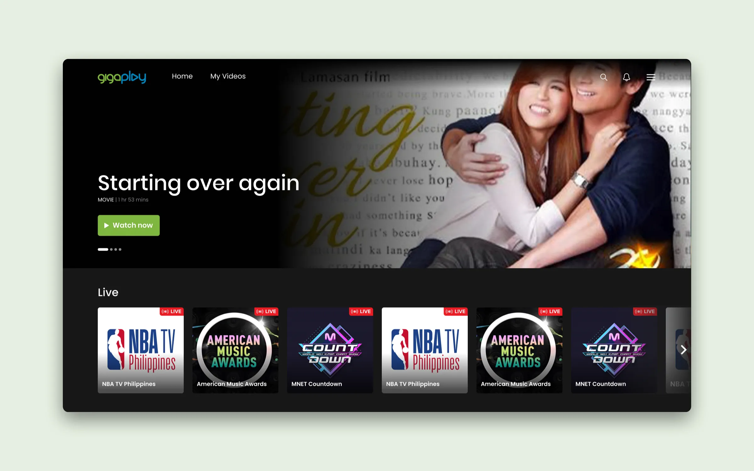 Gigaplay's web homepage showing all categories of live and on-demand content.