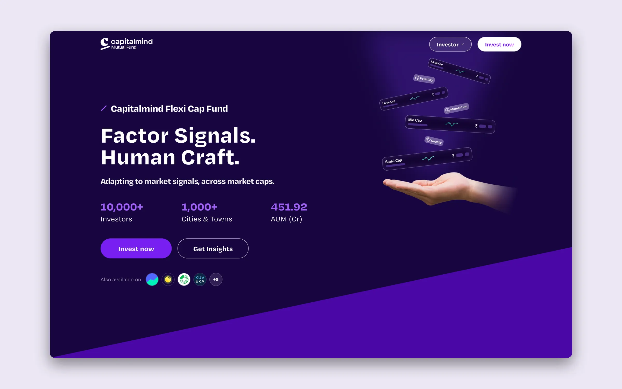 The Capitalmind Flexi Cap Fund landing page hero: 'Factor Signals. Human Craft.' on dark violet, with 10,000+ investors, 1,000+ cities and towns and AUM figures, Invest now and Get insights buttons, and an open hand holding up floating factor cards.