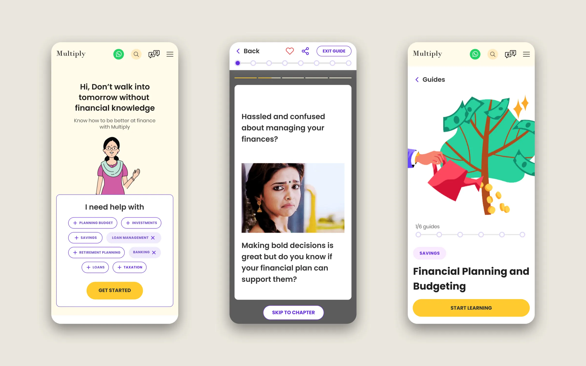 Three Multiply mobile screens: the homepage topic picker, a guide card, and the Financial Planning and Budgeting guide.