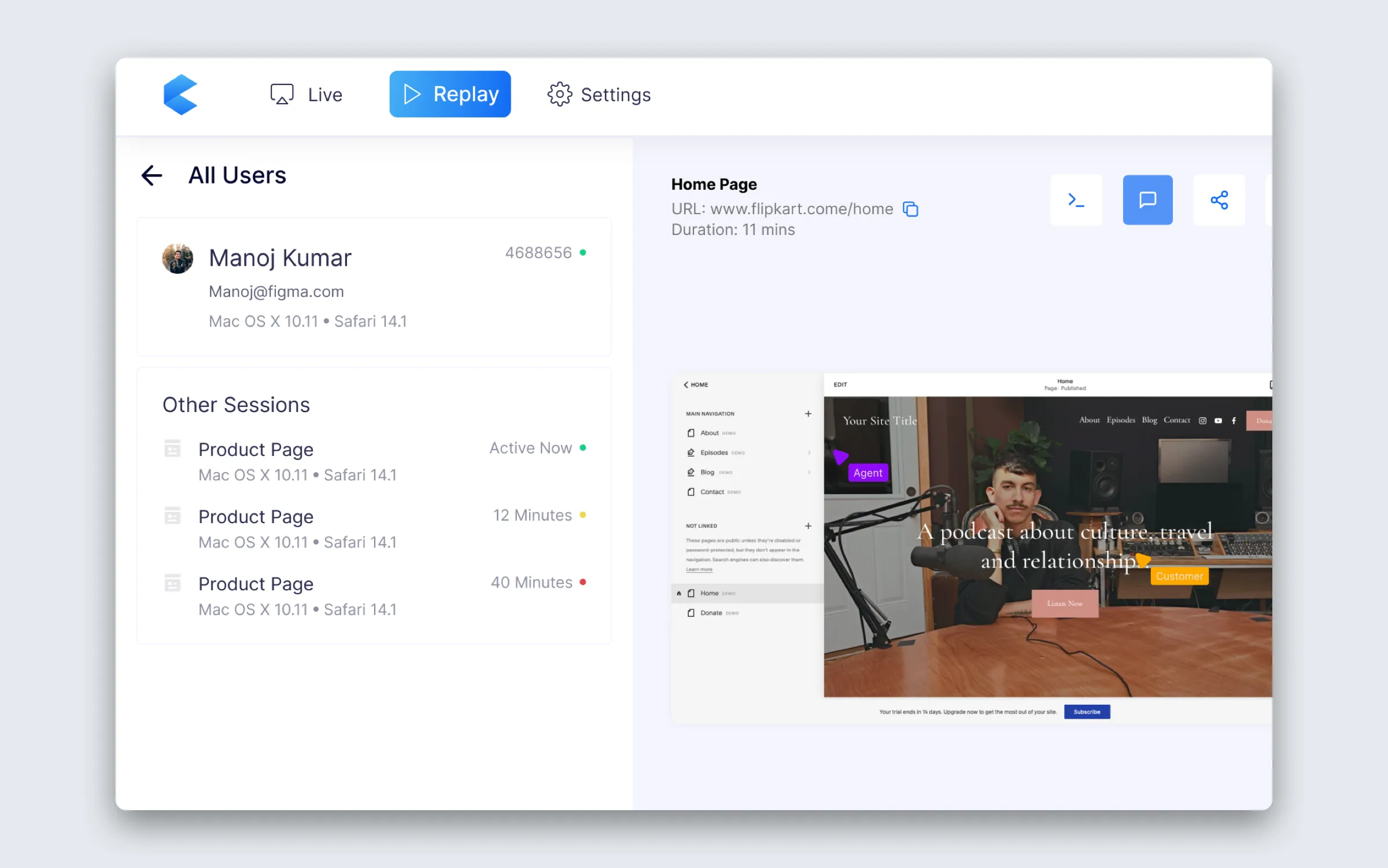 Contxt's Replay view: a user's session details and other sessions on the left, and the recorded page with Agent and Customer cursors on the right.