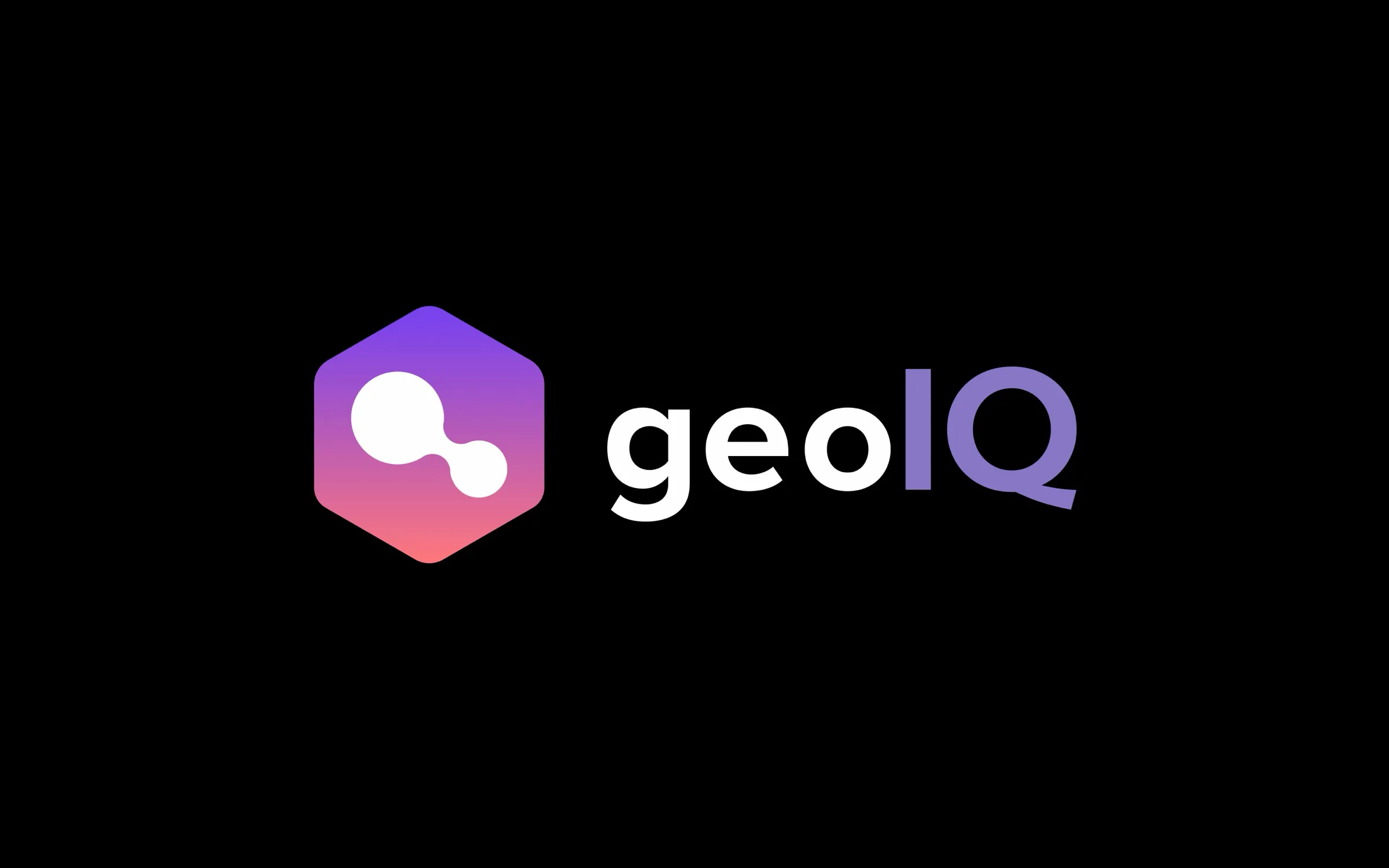 The new GeoIQ logo: a hexagonal mark in a purple-to-coral gradient holding two joined circles, beside the 'geoIQ' wordmark with IQ in purple, on black.