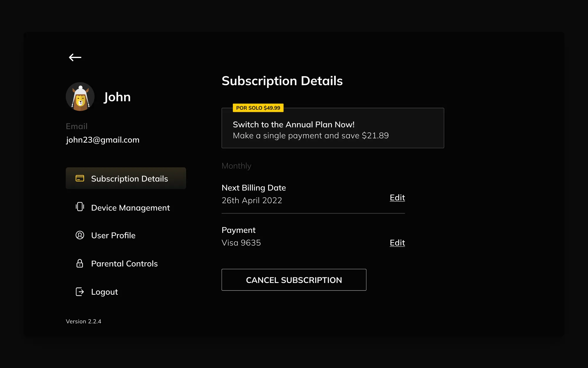 Subscription Details on the TV: the profile on the left with Subscription Details, Device Management, User Profile, Parental Controls and Logout, and on the right an offer to switch to the annual plan, the next billing date, the card on file and Cancel Subscription.