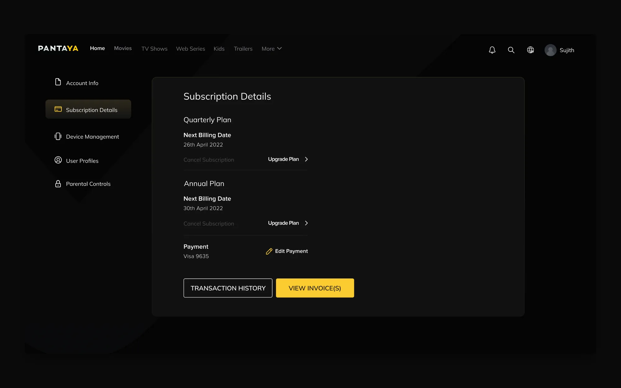 Subscription Details on the web: a quarterly and an annual plan, each with its next billing date and Upgrade Plan, the card on file, and Transaction History and View Invoice(s).