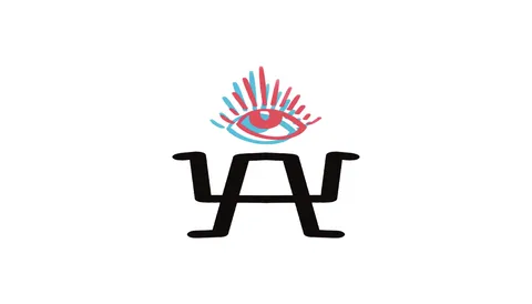 A red and blue offset eye with rays above a black calligraphic monogram.