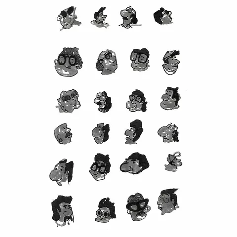 A sheet of cartoon heads in black marker with grey shading: big glasses, big noses, caps.