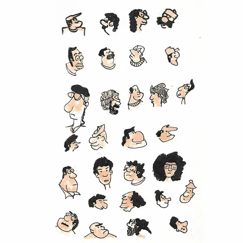 A sheet of small cartoon heads in black ink with a peach skin wash.