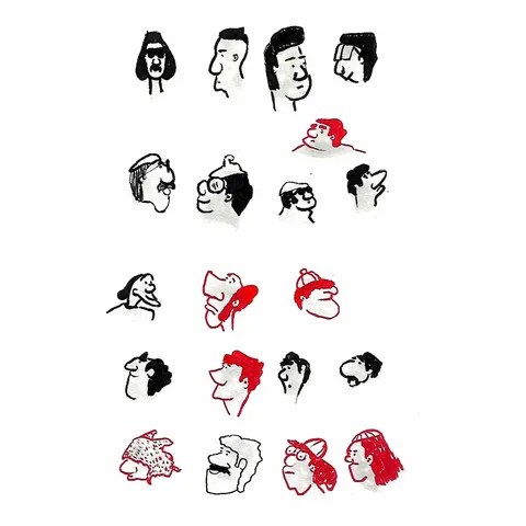 A sheet of small cartoon heads in black and red ink: hats, glasses, quiffs and big noses.
