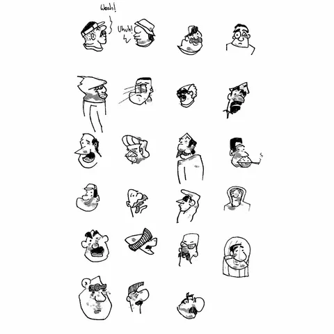 A sheet of cartoon heads in ink and grey wash, two of them trading "Woah!" and "Uhuh!"