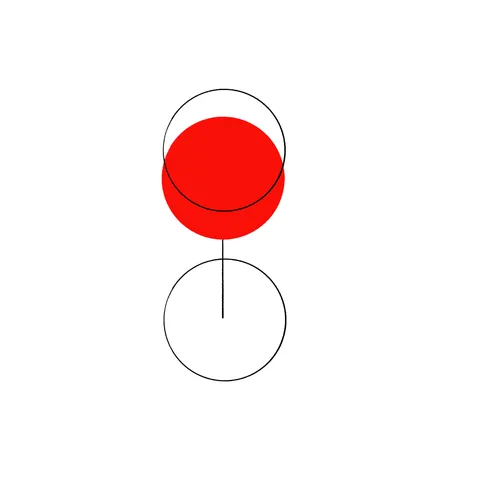 A minimal wine glass made of two outlined circles and a line, with a red circle for the wine.