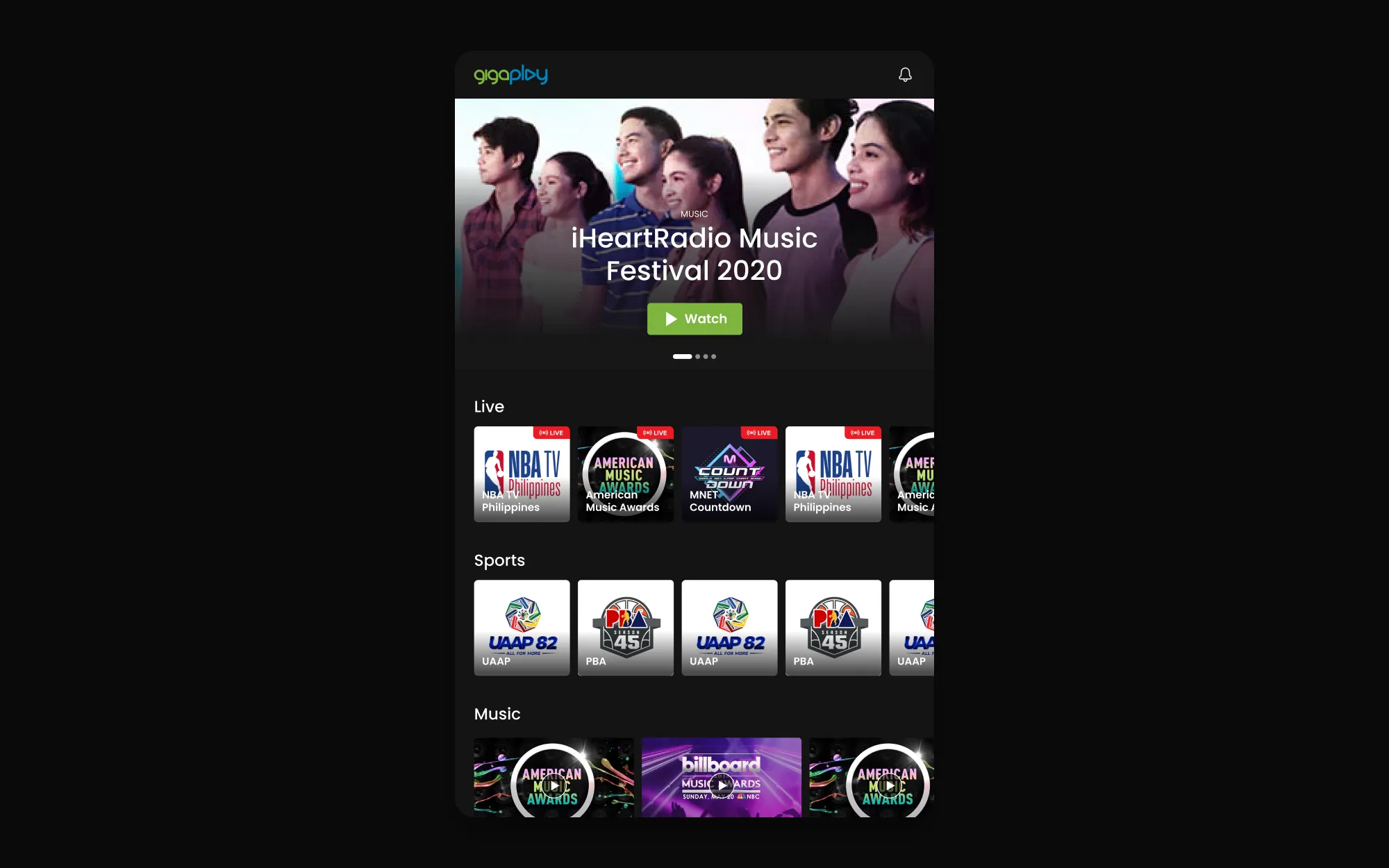 Gigaplay on a tablet: a hero for the iHeartRadio Music Festival 2020 with Watch, then Live, Sports and Music rails.