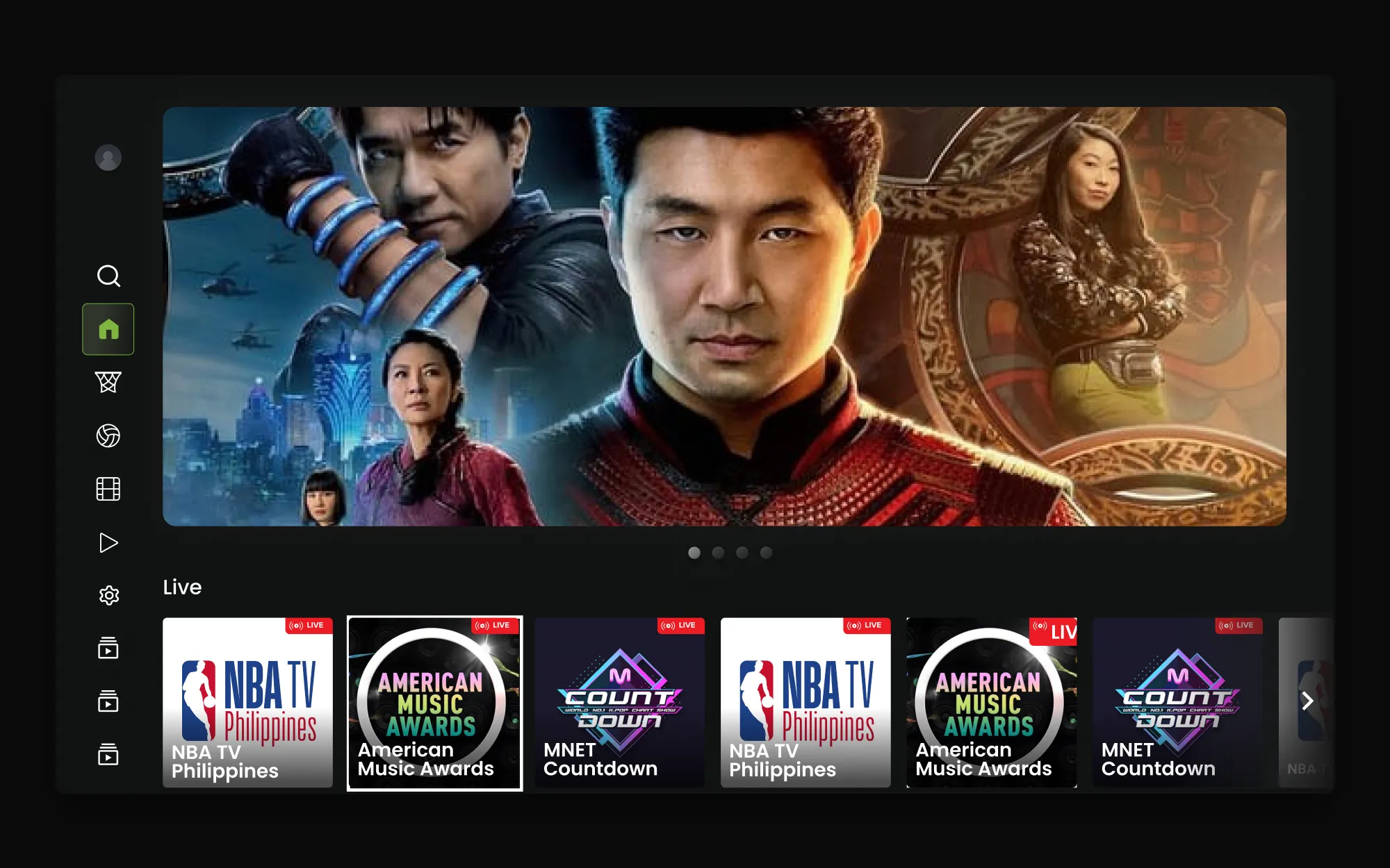Gigaplay on TV: a side menu with Home selected, a Shang-Chi banner, and a Live rail below.