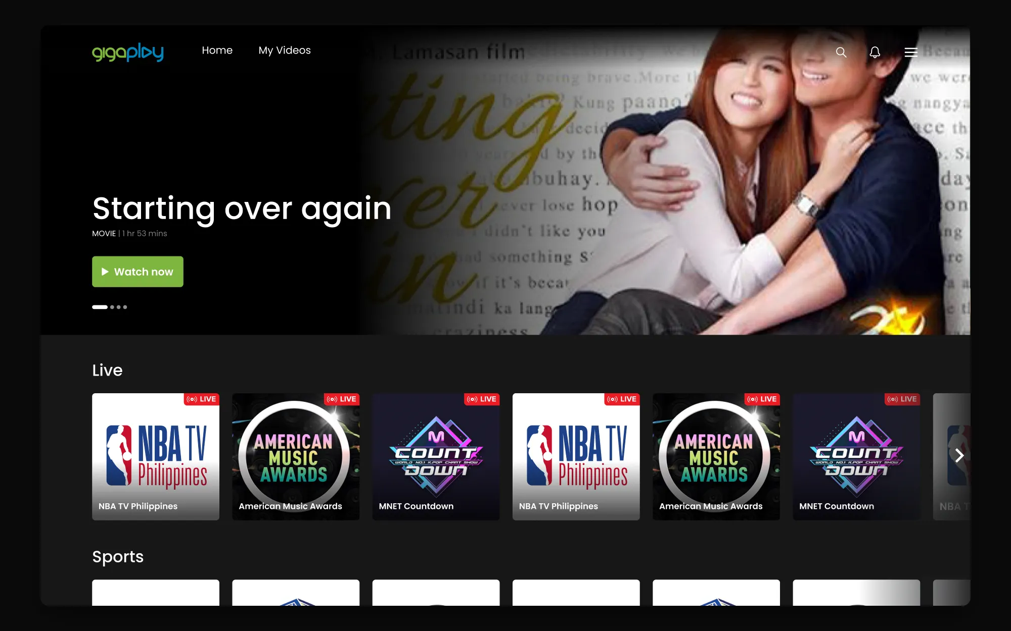 Gigaplay on the web: a featured film hero, 'Starting over again', with Watch now, above Live and Sports rails.