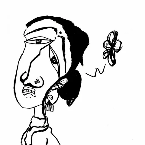 A brush-ink woman in profile with a bindi, a nose ring and a jhumka earring, a flower floating off like a thought.