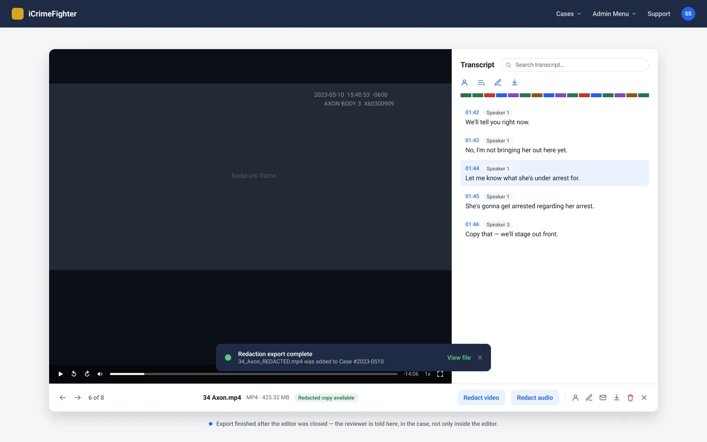 Back in the case after export: 'Redaction export complete, 34_Axon_REDACTED.mp4 was added to Case #2023-0510', and the file marked 'Redacted copy available'.