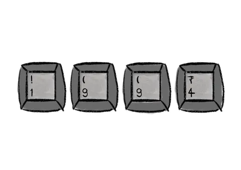 Four grey keyboard keys drawn in pencil spelling out 1, 9, 9 and 4.