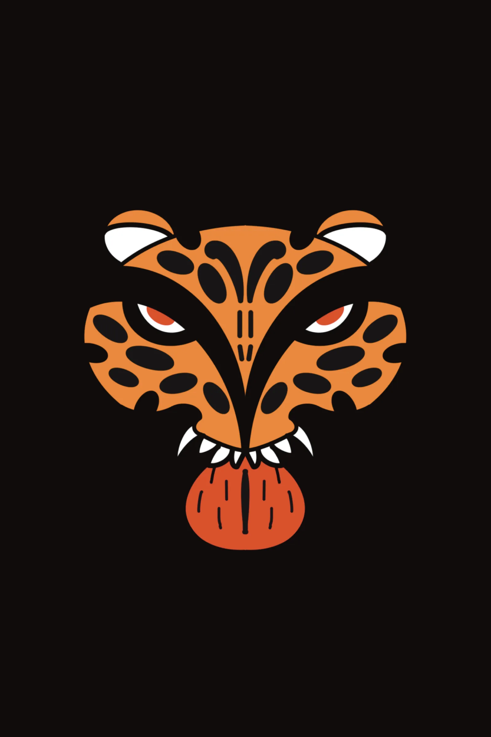 A symmetrical leopard face in orange and black with fangs and a red tongue, on black.