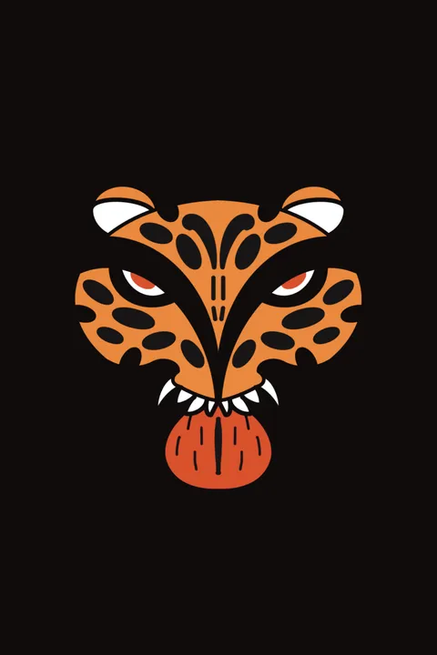 A symmetrical leopard face in orange and black with fangs and a red tongue, on black.