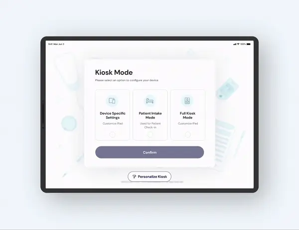 The redesigned Healow kiosk on an iPad: choosing a kiosk mode, the patient list, check-in message settings, and the practice's welcome screen.