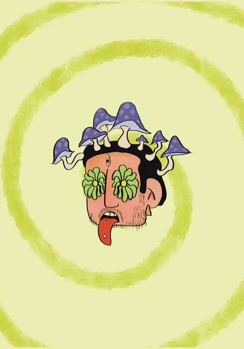 A face with flowers for eyes, a third eye and tongue out, with purple mushrooms sprouting from its head, inside lime-green rings.