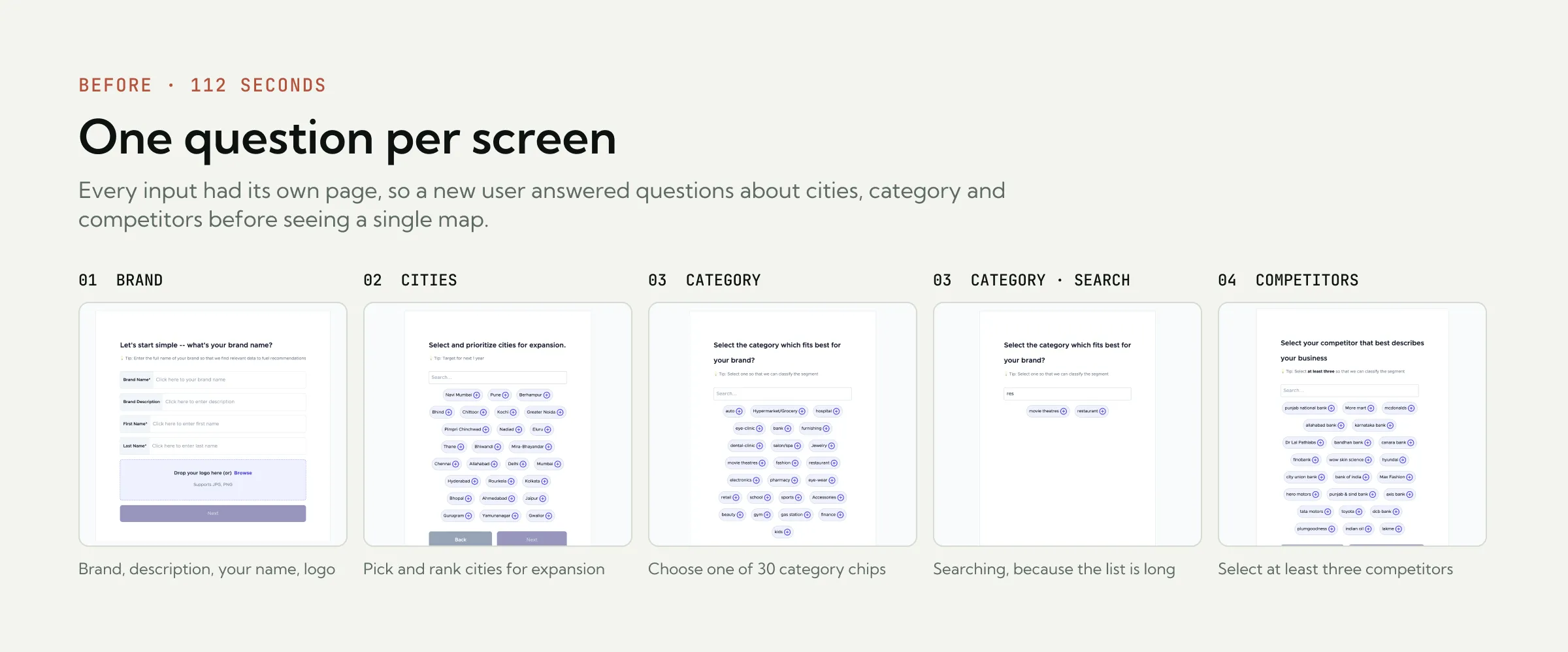 The old onboarding, four steps on separate screens: brand name, description, your name and logo; a long list of city chips to pick and rank; a list of 30 category chips, shown again mid-search; and a list of competitor chips with a prompt to pick at least three.