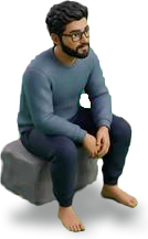 Miniature Suhruth sitting on a stone, deep in thought