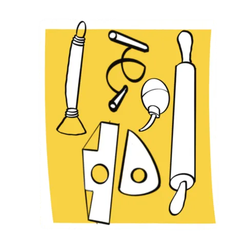 Pottery tools on a yellow sheet: a brush, a wire cutter, a sponge bulb, scrapers and a rolling pin.