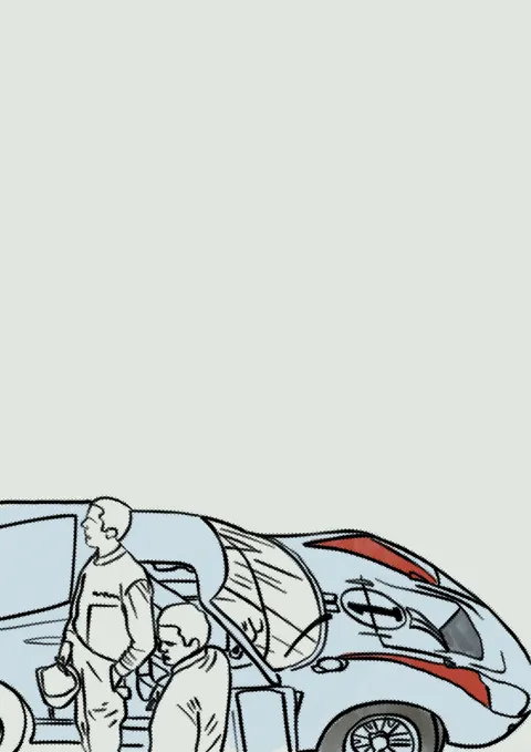 Two racing drivers beside a pale blue race car with red stripes, drawn in loose ink at the bottom of a pale page.