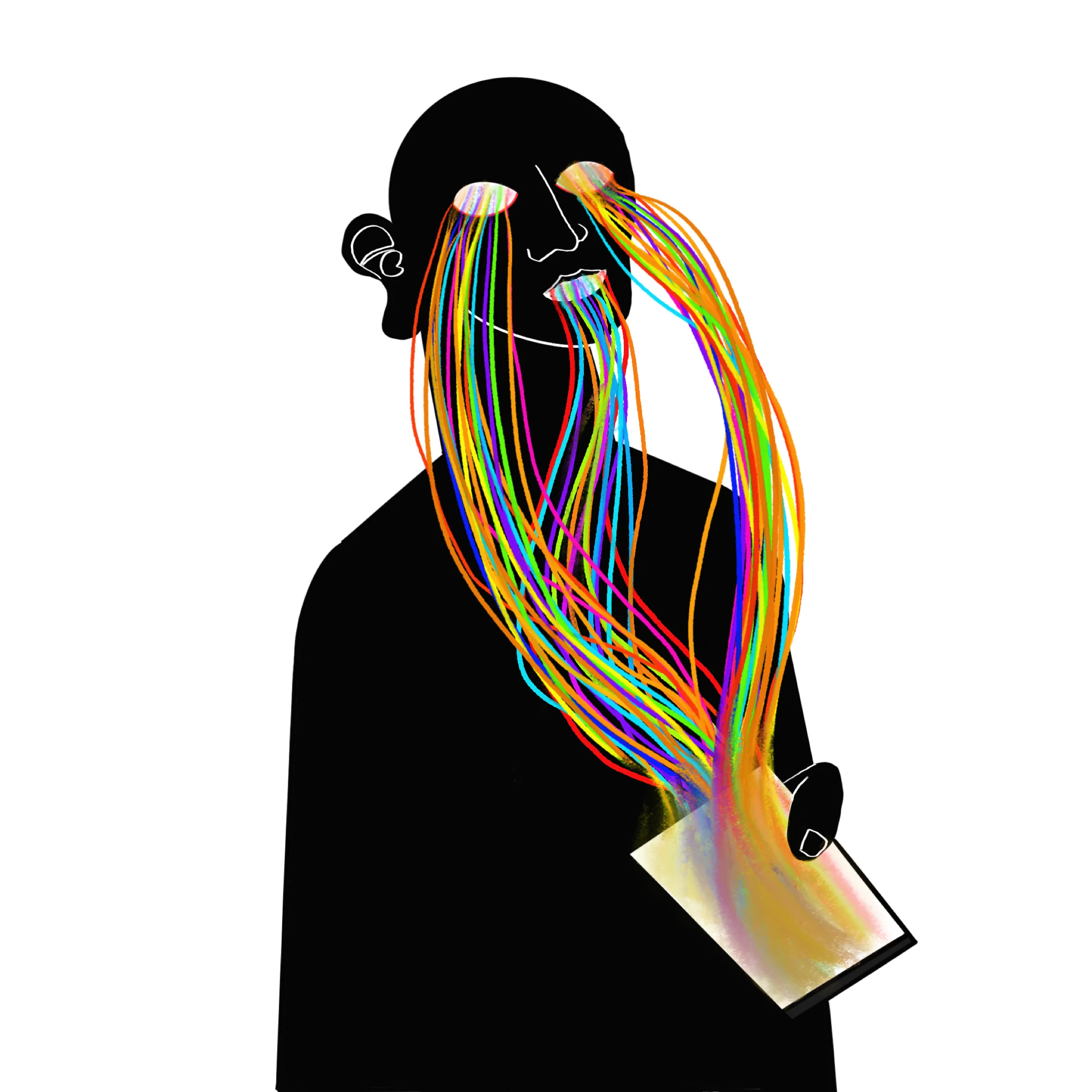 A black silhouette of a person whose eyes and mouth pour out long rainbow-coloured strands that flow down into a glowing phone in their hand.