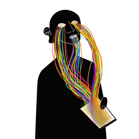 A black silhouette of a person whose eyes and mouth pour out long rainbow-coloured strands that flow down into a glowing phone in their hand.