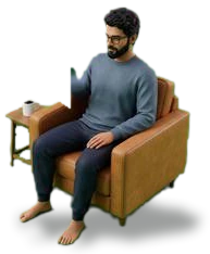 Miniature Suhruth reading a Kindle in an armchair with black coffee