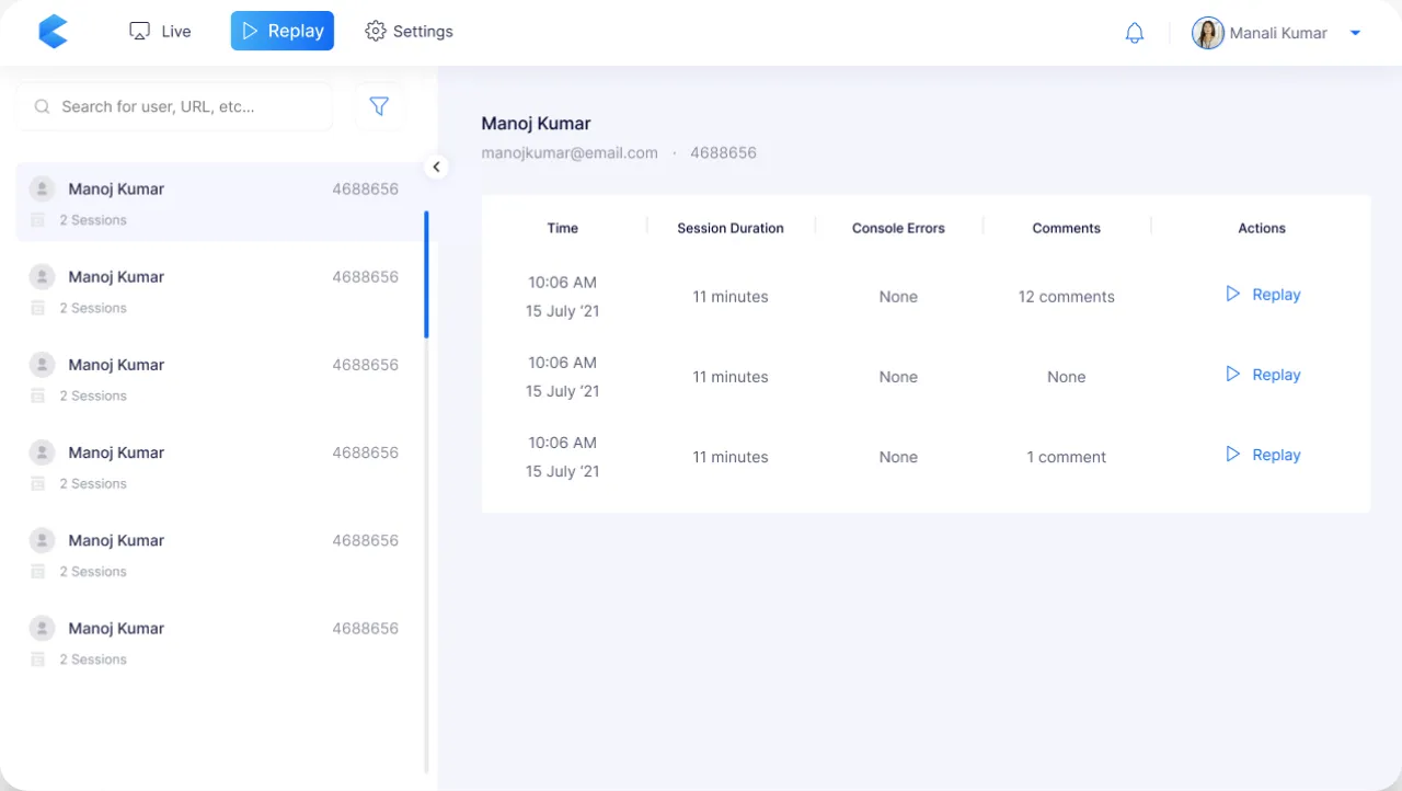 The Replay list: users down the left, and for the selected user a table of sessions with time, session duration, console errors, comments and a Replay link.
