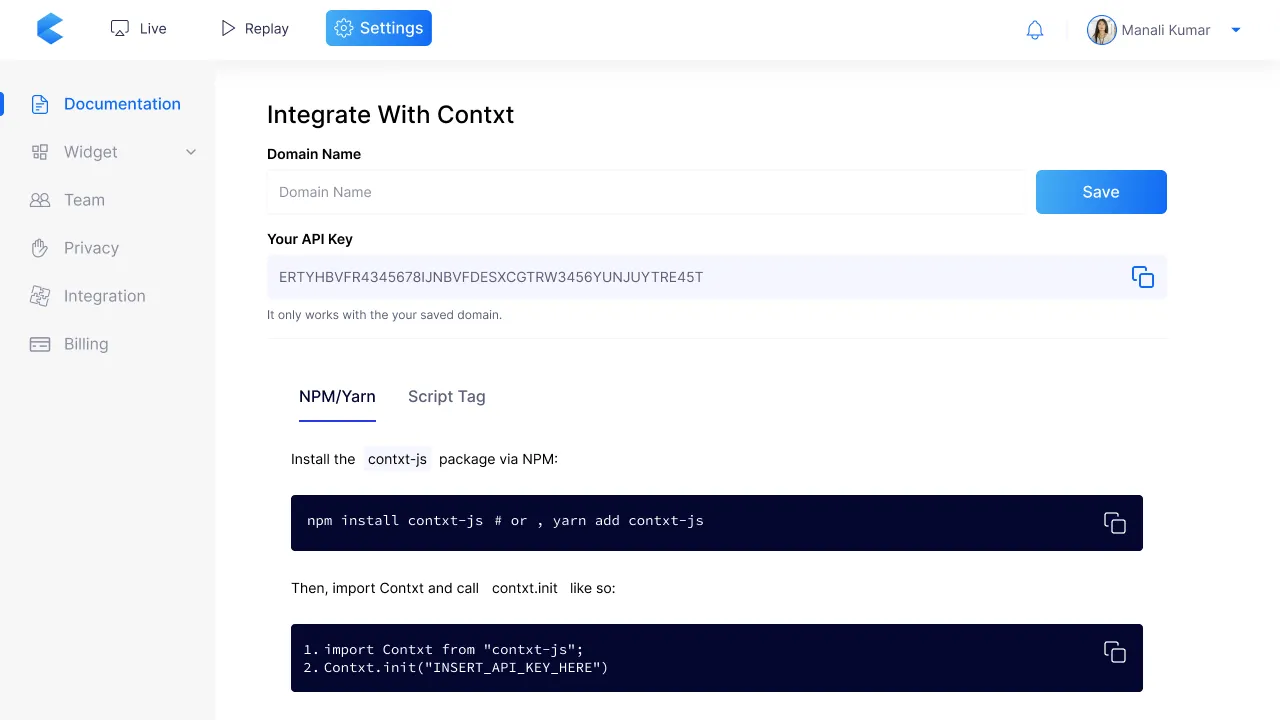 Settings, Documentation: a domain name field, the account's API key with a copy button, and the install code in NPM/Yarn and Script Tag tabs.