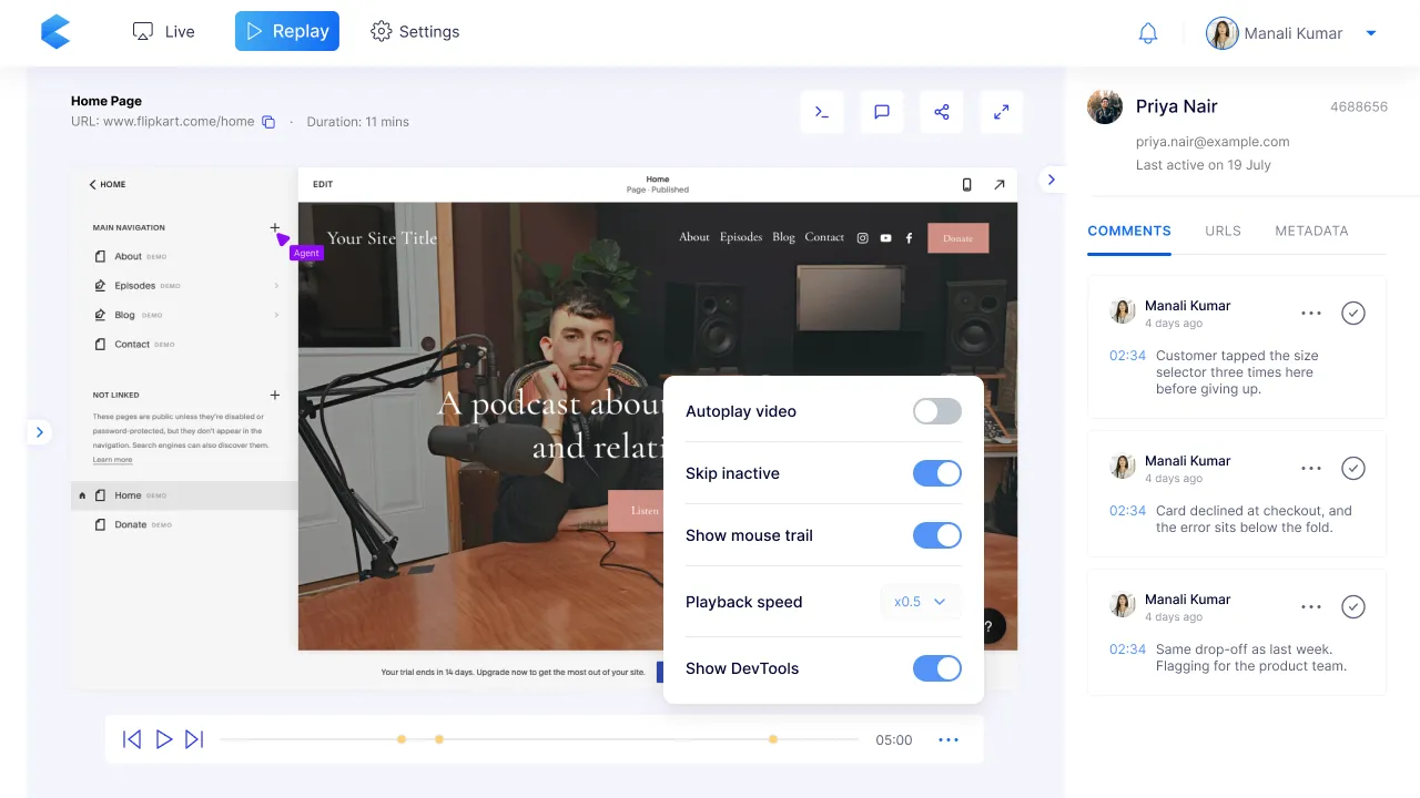 Replay with a playback menu open: autoplay video, skip inactive, show mouse trail, playback speed at 0.5x, and show DevTools.