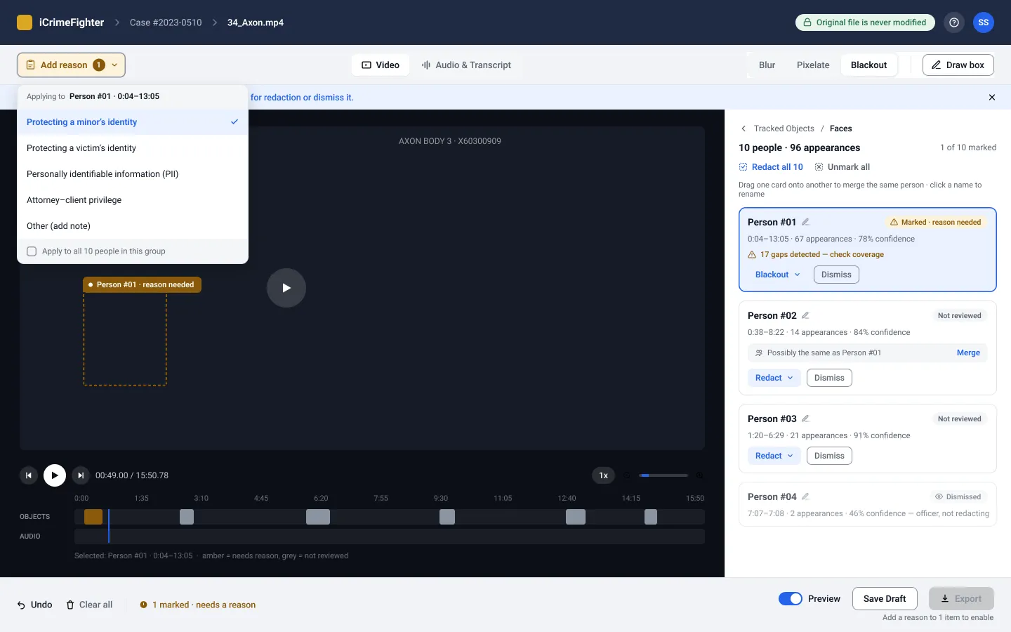 The video workspace with the Add reason control in the top bar showing a count badge, a person box on the video marked 'Person #01 · reason needed', and the Faces panel listing people with their status.