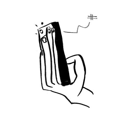 A brush-ink hand gripping a black phone, a squiggle trailing off to a hashtag.