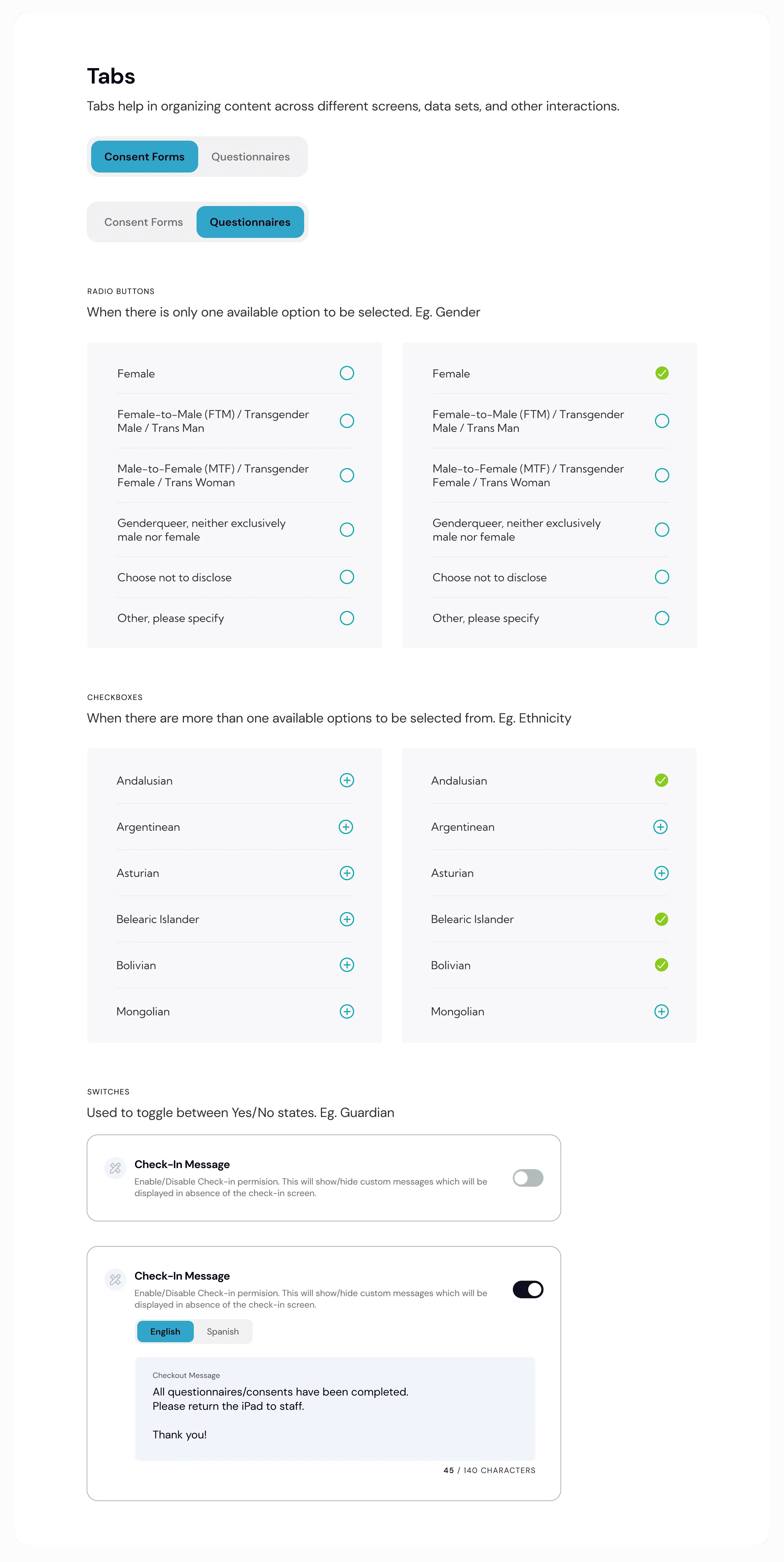 Selection specs: tabs, radio buttons, checkboxes and switches, with a check-in message example.