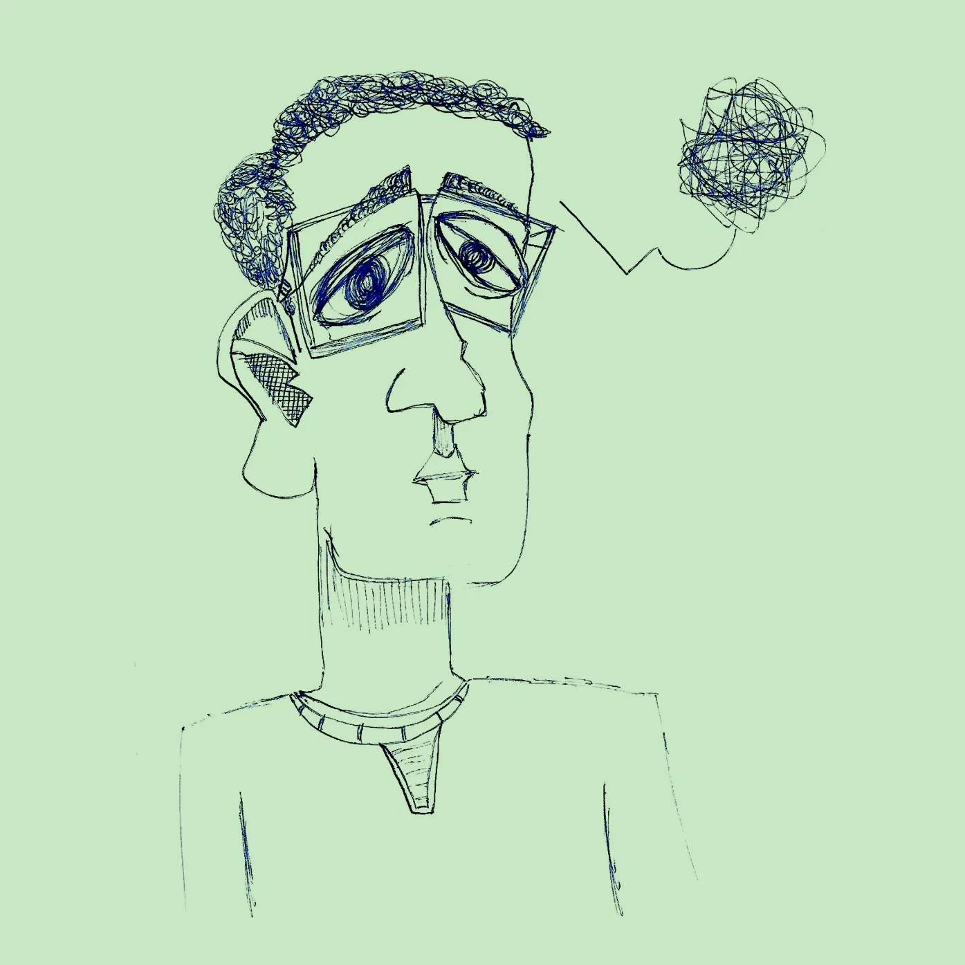 A blue ballpoint self-portrait: square glasses, scribbled curly hair, a long neck, and a tangled scribble floating off like a thought.