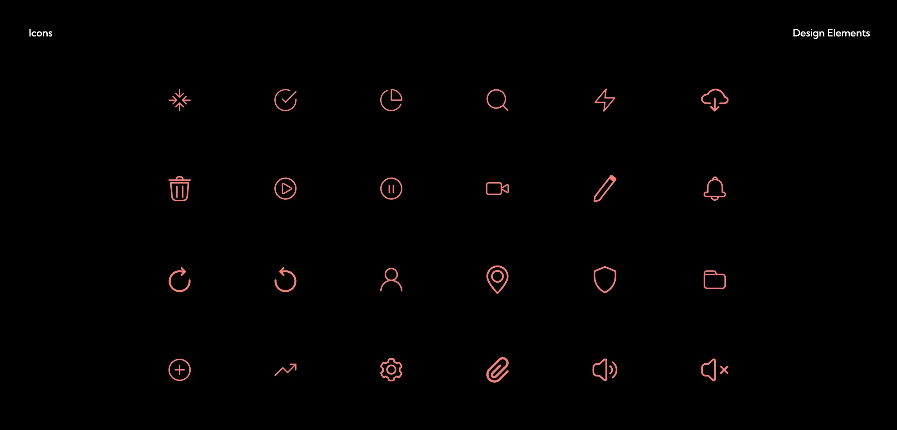 A grid of 24 line icons in coral: search, lightning, cloud, bin, play, pause, video, pencil, bell, refresh, user, location pin, shield, folder, add, trend, settings, attachment and volume.